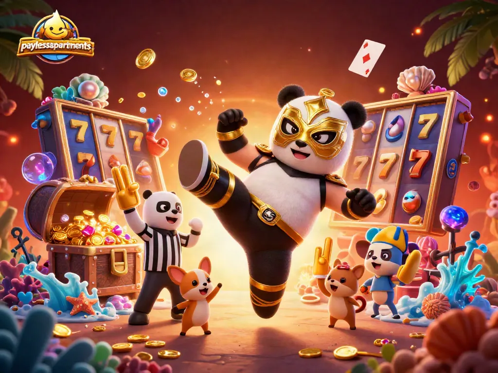 Experience thrilling slots action with paylessapartments showcasing a panda wrestler kicking among golden treasures.