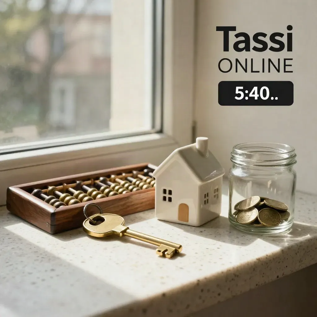 Chiavi di casa, abaco e casetta in miniatura su davanzale di travertino, luce calda.