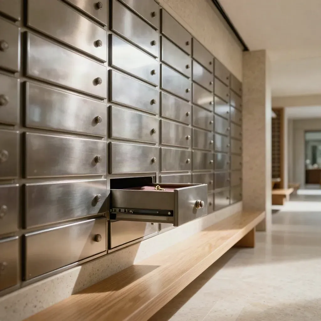 Corridoio di caveau bancario moderno con cassette di sicurezza e luce radente