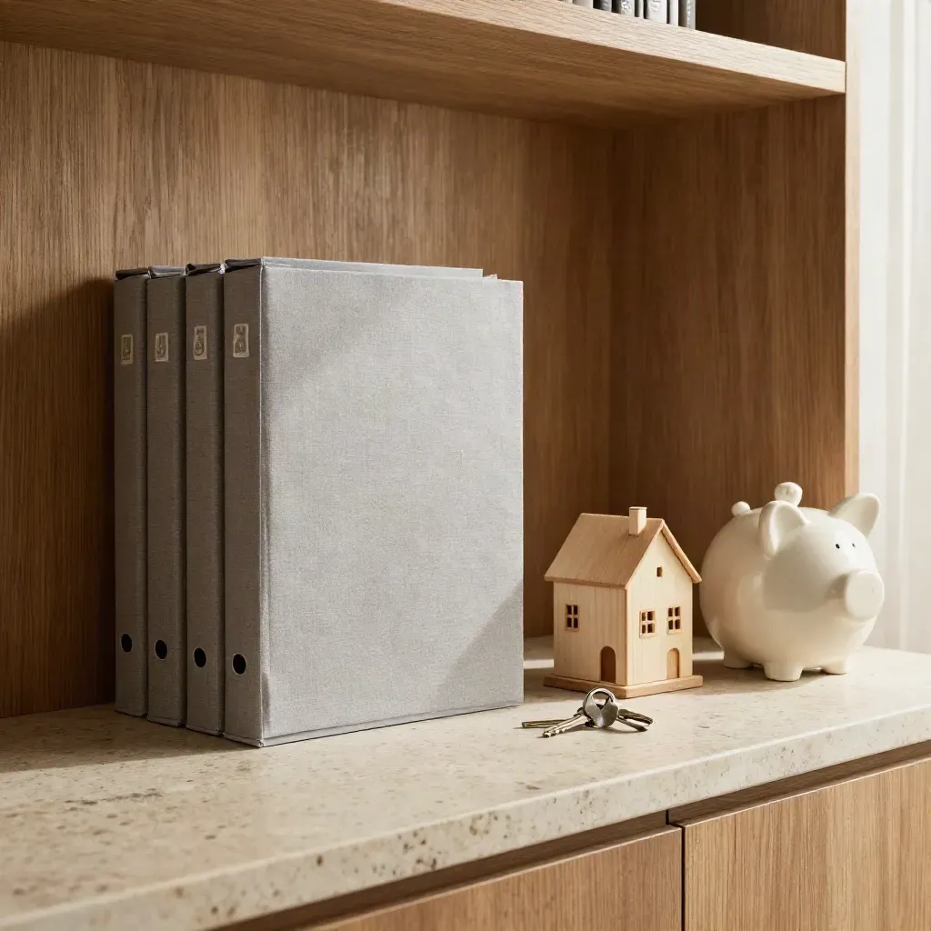 Nook domestico con dossier mutuo, casetta in legno, chiavi e luce del mattino su travertino.